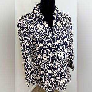 Marina Luna 100% Linen preppy Navy and Cream button front shirt 3/4 sleeves med